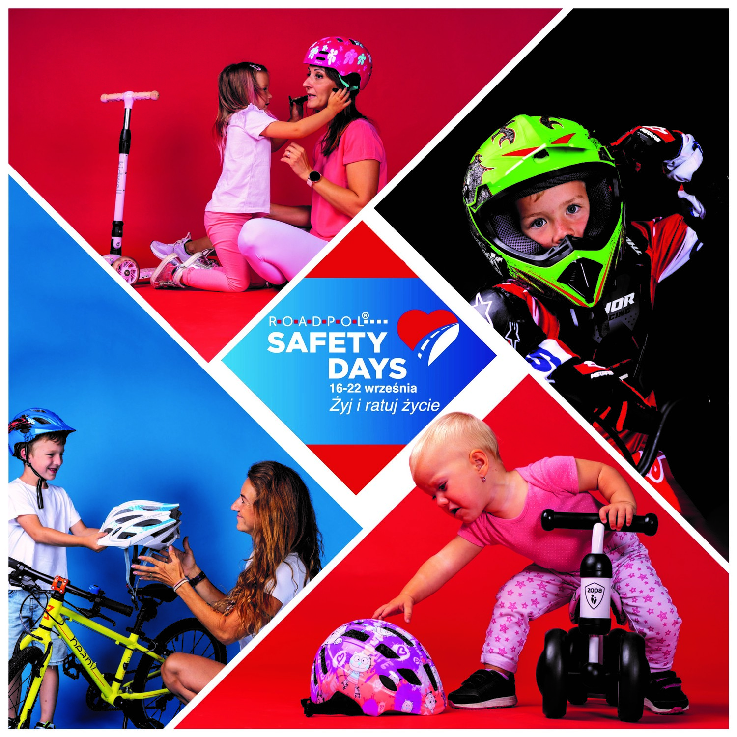 Kolaż zdjęć. Na dwóch z nich widoczna jest kobieta z dzieckiem, które ubiera jej kask ochronny i podaje kask. na dwóch pozostałych widać dziecko w kasku i na kolejnym dziecko na hulajnodze dla maluchów sięga po leżący obok kask. Na środku widoczny jest napis: Mężczyzna za kierownica auta. Z lewej strony napis: Tego września nastąpi zmiana. Z prawej napis ROADPOL SAFETY DAYS 16-22 września. Żyj i ratuj życie.