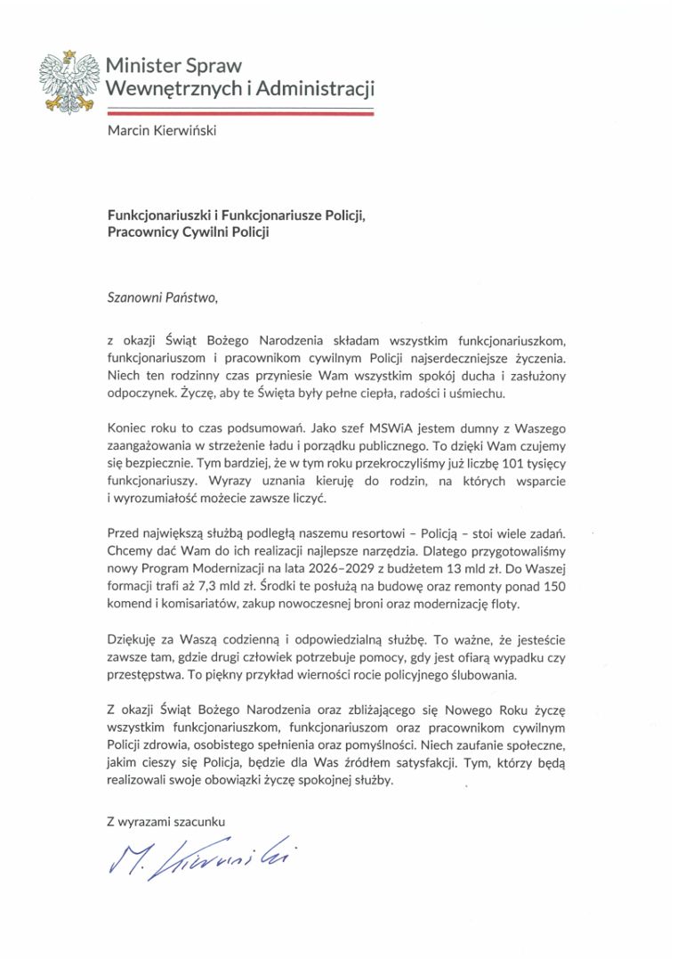 Życzenia Ministra Spraw Wewnętrznych i Administracji.