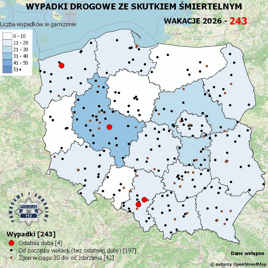 Mapa prezentująca liczbę wypadków poprzedniej doby w Polsce. Prezentowane dane są dostępne w tekście poniżej.
