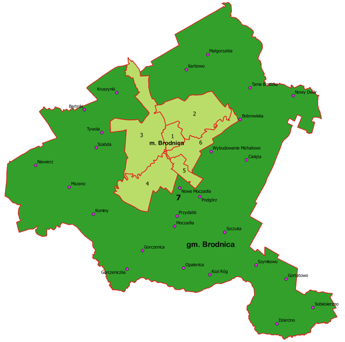 mapa Brodnica i gmina Brodnica z podziałem na dzielnice