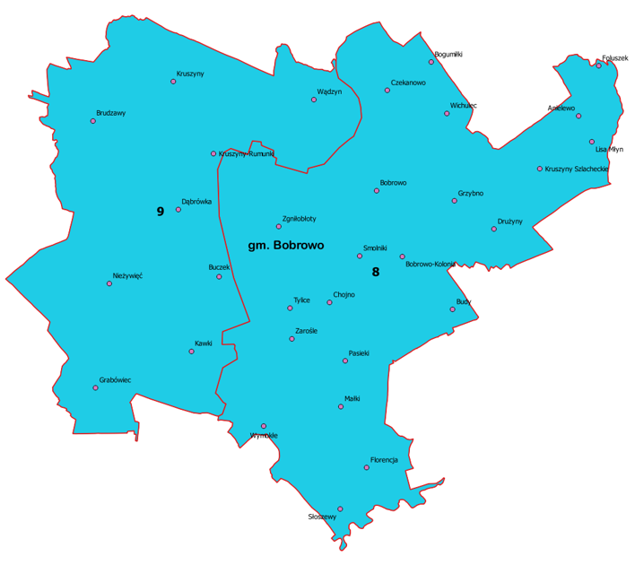 mapka gminy Bobrowo z podziałem na dzielnice