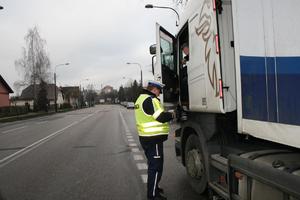 Policjant kontrolujący ciężarówkę